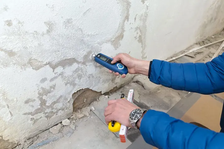 Feuchtemessung an einer Wand. Die isotec Kosten pro qm für eine Sanierung hängen vom Ausmaß des Schadens ab.