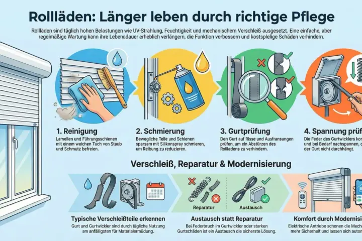 Illustrationen zeigen, wie man einen Rollladen reinigt, schmiert, den Gurt prüft und die Spannung einstellt, um den Rollladen zu reparieren und seine Lebensdauer zu verlängern.