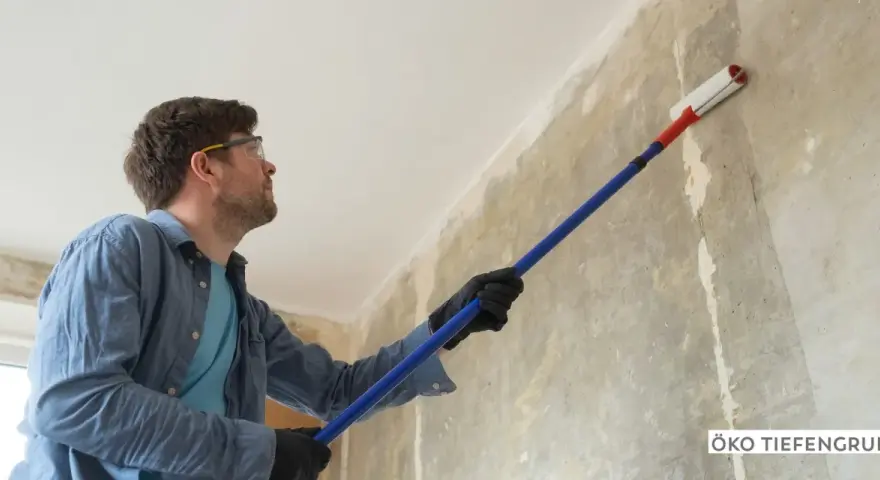 Mann mit Schutzbrille trägt mit langem Stiel und Rolle Öko Tiefengrund auf eine rohe Wand auf.