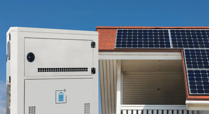 Ein weißer Solarspeicher steht neben einem Haus mit Solarmodulen auf dem Dach. Informieren Sie sich über die Solarspeicher Kosten für Ihre Energieunabhängigkeit.