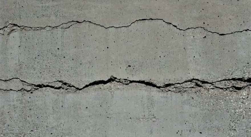 Rissige Betonfassade mit sichtbarer Armierung. Die Risse zeigen die Belastung der Struktur.