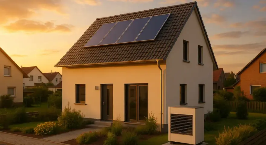 Ein modernes Haus mit Solaranlagen auf dem Dach und einer Wärmepumpe erfüllt die Effizienzhaus 55 Anforderungen.
