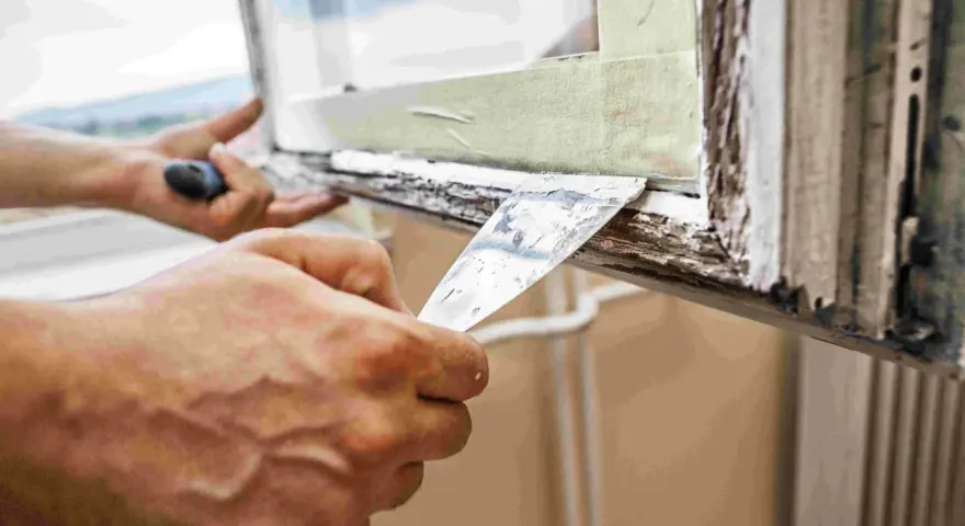Hände entfernen mit Spachtel alten Fensterkitt. Vorbereitung für das Fensterkitt erneuern.