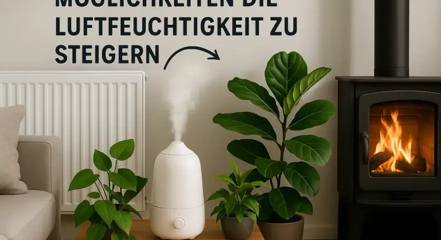 Luftbefeuchter gibt Dampf ab, um die **Luftfeuchtigkeit zu niedrig** zu bekämpfen. Daneben stehen Pflanzen und ein Kamin.