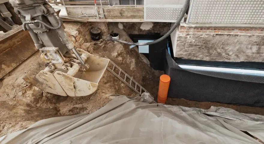 Bagger gräbt Baugrube für Kellerabdichtung. Kosten für Keller trocken legen sind hier sichtbar.