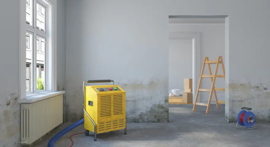 Gelber Bautrockner im Raum, Wände mit Nikotinflecken. Vorbereitung zur **Raucherwohnung renovieren**. Leiter und Kartons im Hintergrund.