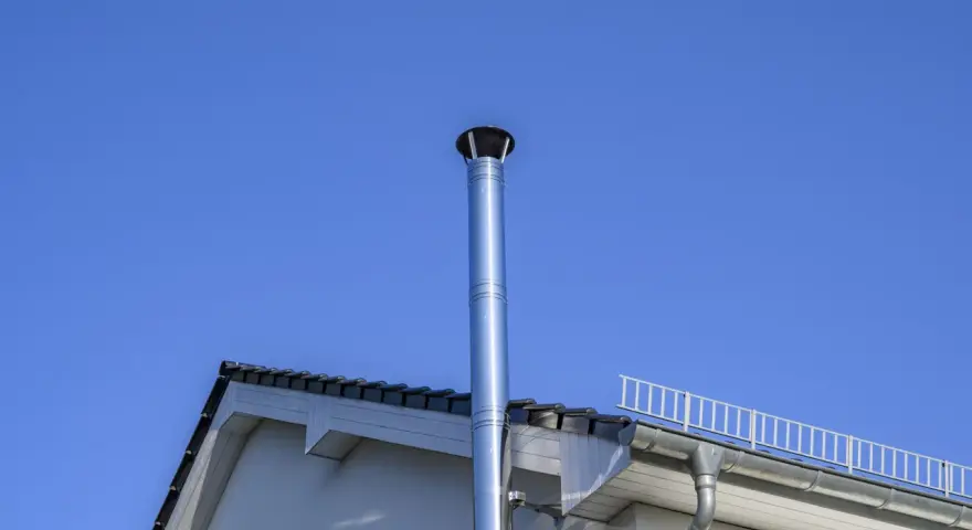 Neuer Edelstahlschornstein ragt in den blauen Himmel. Beim Schornstein bauen Vorschriften beachten für Sicherheit und Effizienz.