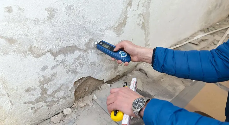 Feuchtemessung an einer Wand. Die isotec Kosten pro qm für eine Sanierung hängen vom Ausmaß des Schadens ab.