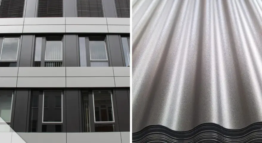 Moderne Fassade mit Fenstern und Rollläden links, rechts eine Nahaufnahme von glänzenden, gewellten Eternitplatten, die zum Streichen bereit sind.