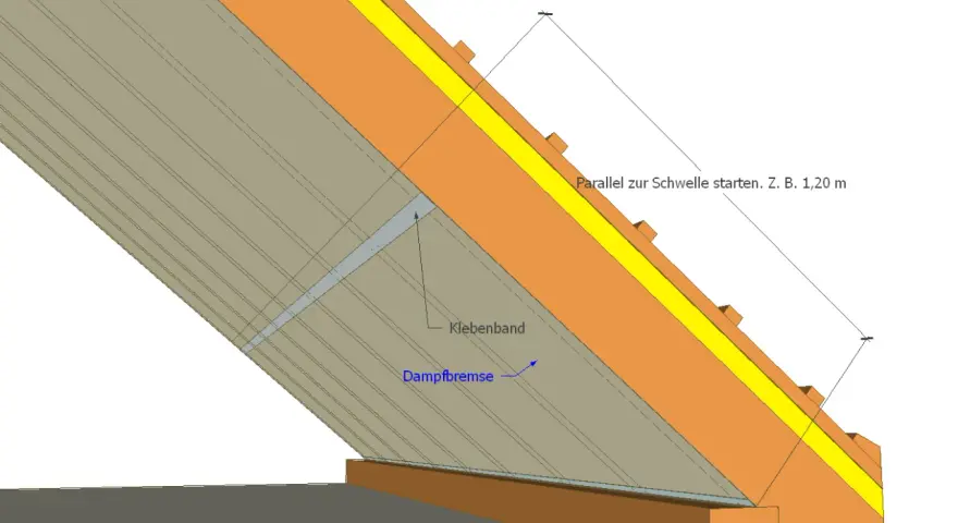 Detailansicht einer Dachkonstruktion. Eine Dampfbremse aus OSB-Platten wird mit Klebeband befestigt, um Feuchtigkeit im Dach zu regulieren.