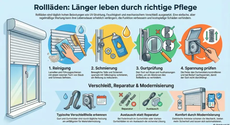 Illustrationen zeigen, wie man einen Rollladen reinigt, schmiert, den Gurt prüft und die Spannung einstellt, um den Rollladen zu reparieren und seine Lebensdauer zu verlängern.