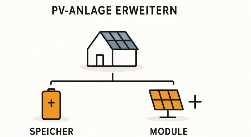 Schema zeigt, wie man eine PV-Anlage erweitern kann: Haus mit Solarmodulen, daneben ein Speicher und ein weiteres Modul.