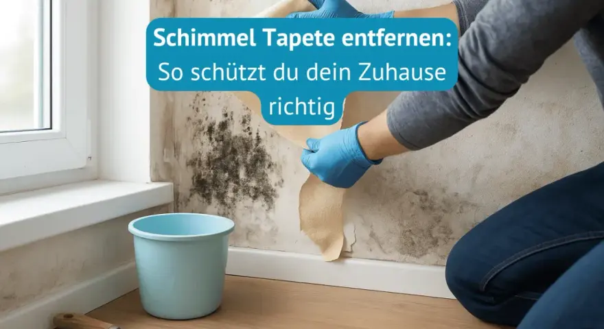Hände mit blauen Handschuhen ziehen eine schimmelige Tapete ab. Ein blauer Eimer steht daneben.