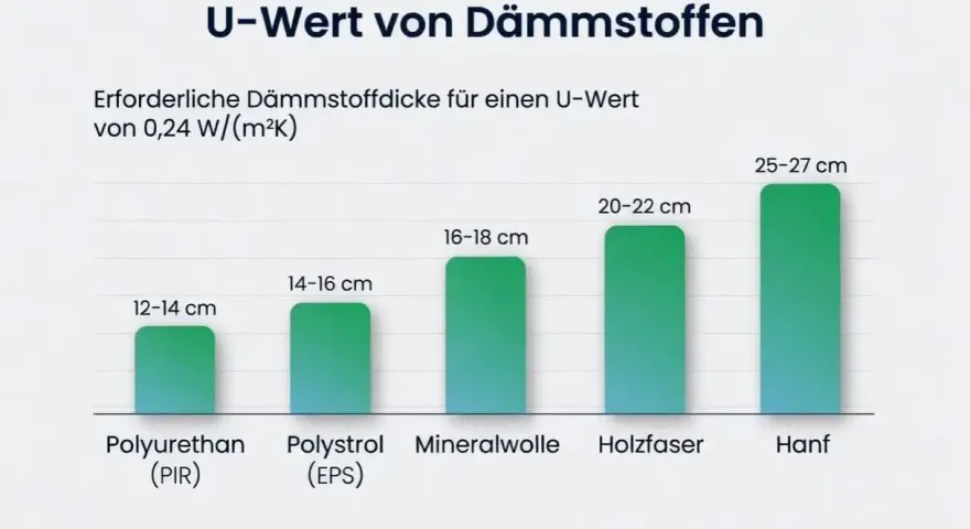 Balkendiagramm zeigt, wie dick Dämmstoffe für einen guten U-Wert am Dach sein müssen. Hanf benötigt die größte Dicke.