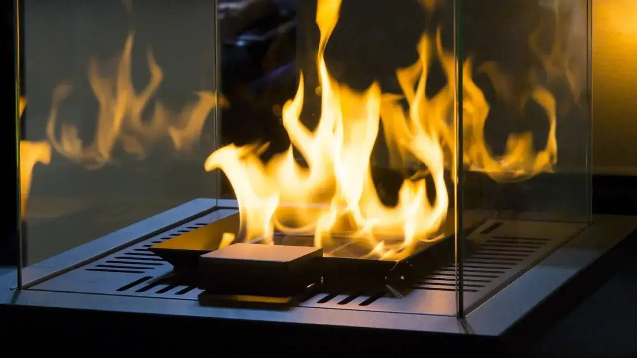 Flammen tanzen in einem modernen, gl&auml;sernen Kamin. Ein stilvoller holzofen ohne schornstein, der W&auml;rme und Gem&uuml;tlichkeit ausstrahlt.