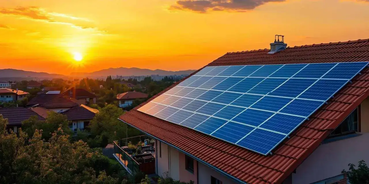 Sonnenuntergang &uuml;ber einer Stadt mit einem Hausdach, das mit Solarmodulen f&uuml;r eine Dachsanierung ausgestattet ist. Ein Zuschuss f&uuml;r die Dachsanierung macht diese gr&uuml;ne Energie m&ouml;glich.