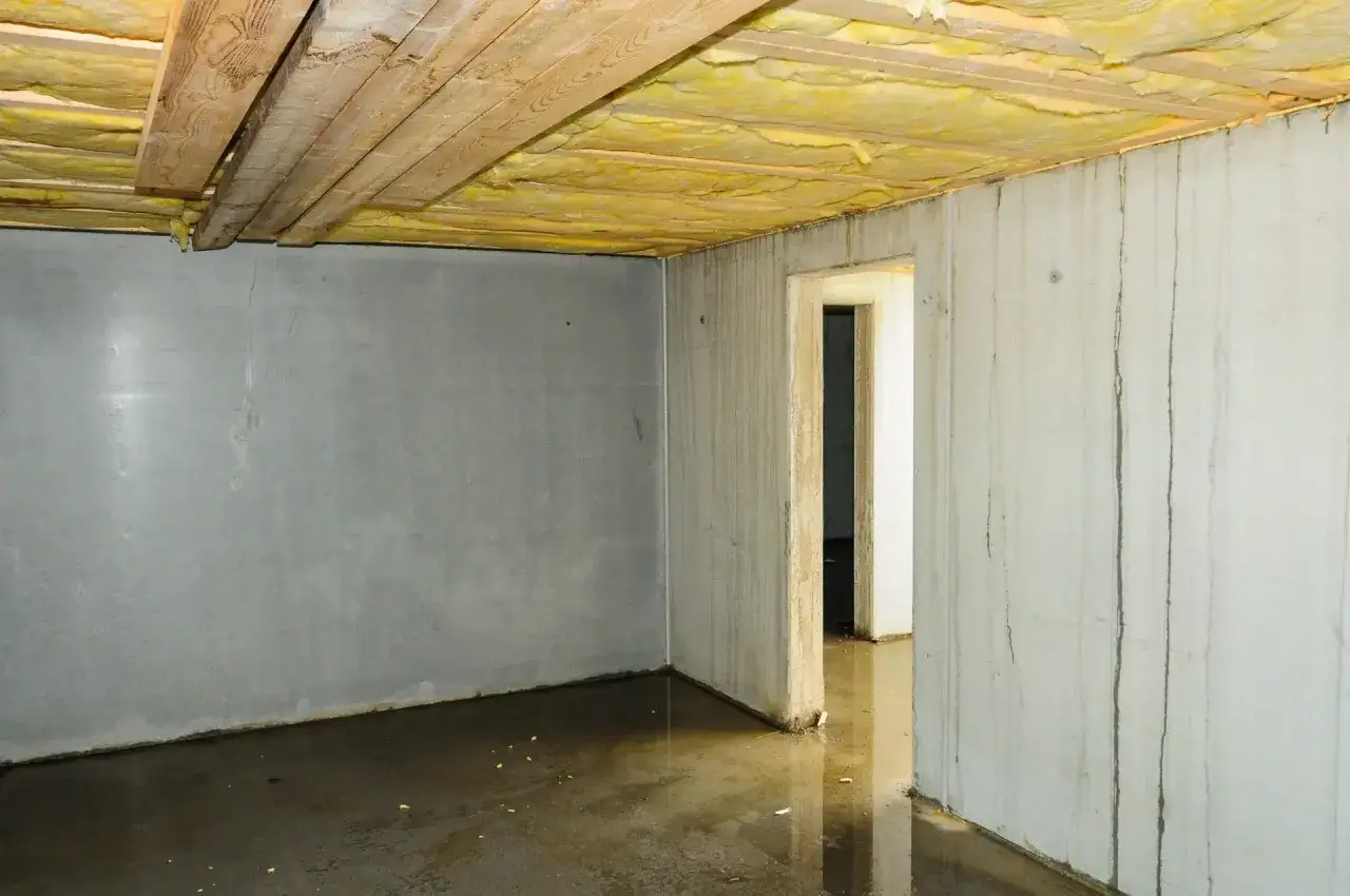 Nasses Kellergeschoss in einem alten Haus, deutet auf Grundwasser im Keller hin. Die W&auml;nde zeigen Wasserspuren, der Boden ist feucht.