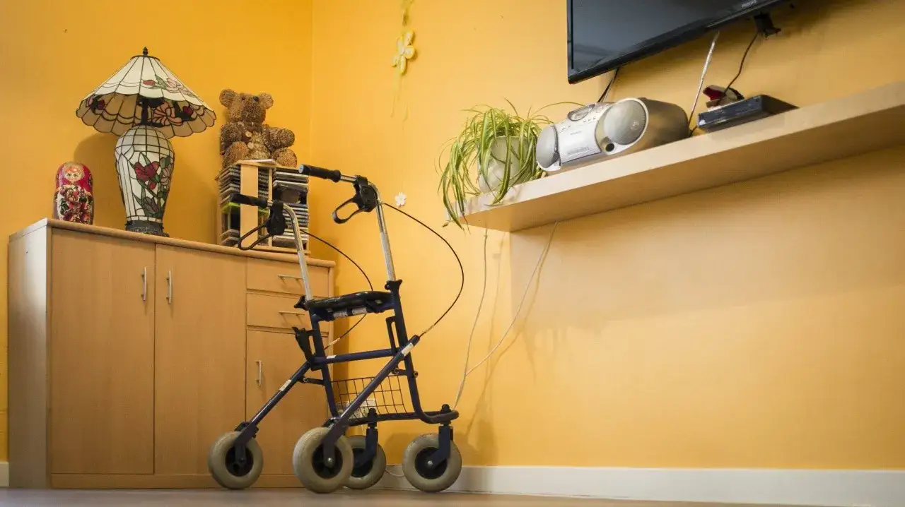 Gehhilfe im Wohnzimmer, bereit für den nächsten Spaziergang. Die Wandfarbe erinnert an die Förderung KfW 455 b.