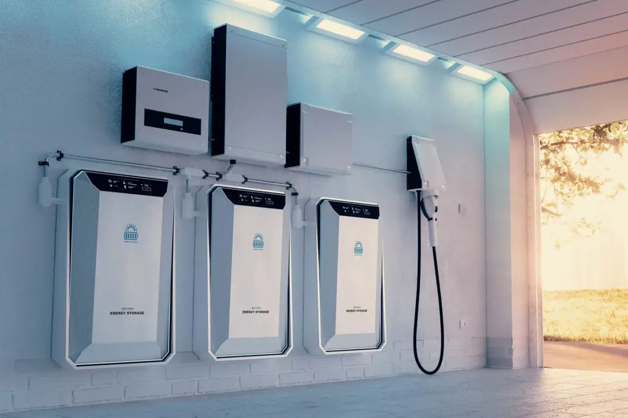 Moderne Hauswand mit mehreren Energiespeicher-Einheiten und einem Ladegerät für Elektroautos.