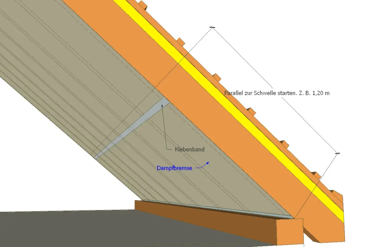 Detailansicht: Dampfbremse anbringen. Klebeband sichert die Folie parallel zur Schwelle.