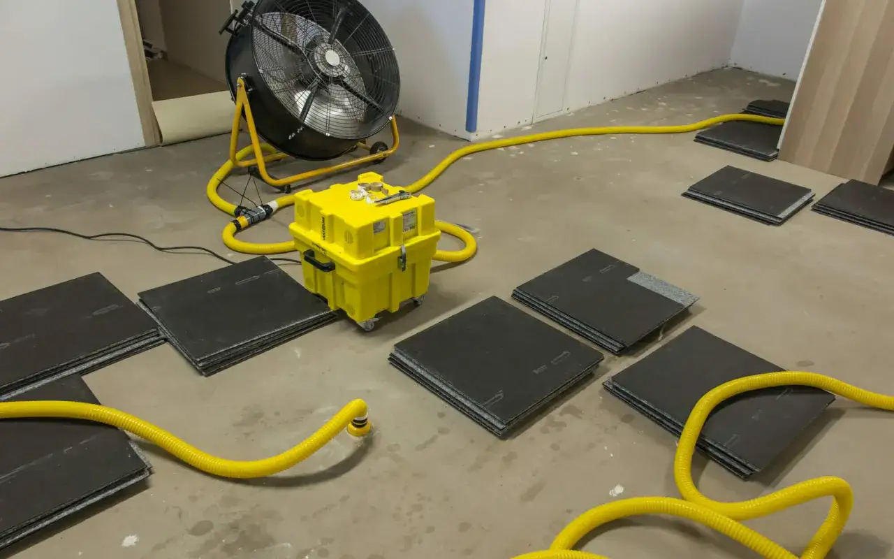 Gerät für technische Trocknung mit großem Ventilator und gelben Schläuchen, bereit für den Einsatz auf dem Boden neben Stapeln von schwarzen Platten.