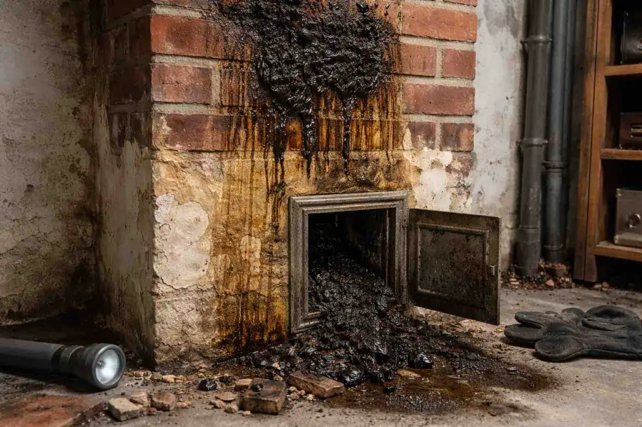 Schwarzer Teer tropft aus einem Kamin, der durch Versottung stark besch&auml;digt ist. Ru&szlig; und Schmutz quellen aus einer ge&ouml;ffneten Klappe.