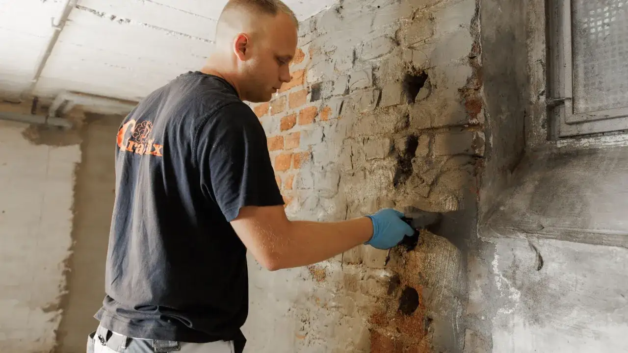 Mann verputzt feuchte Kellerwand. Informiert sich über keller trocken legen kosten.