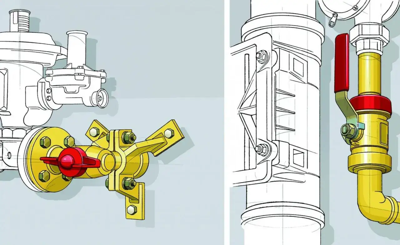 Detailansicht eines Gas Hausanschlusses mit Absperrhahn und Druckregler.