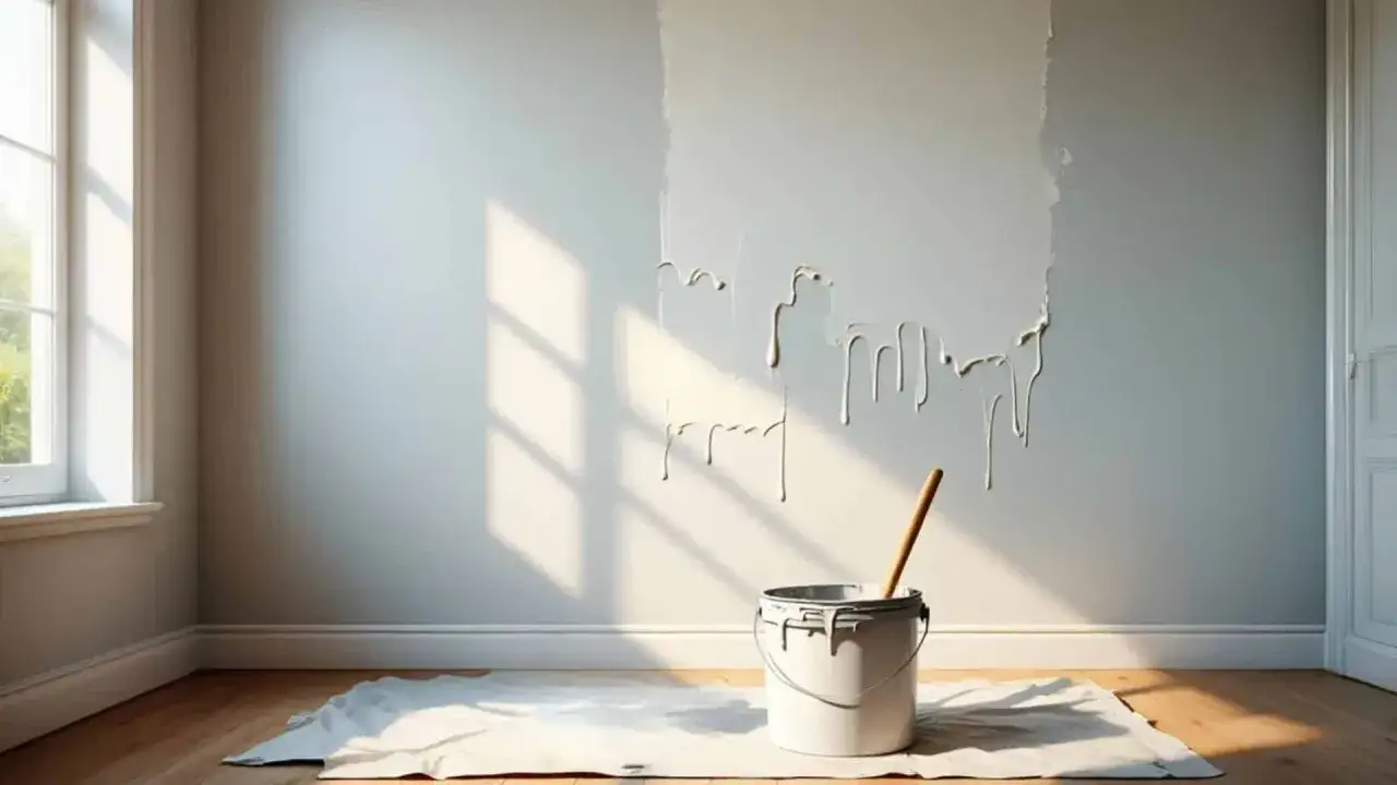 Ein Eimer mit Farbe und ein Pinsel stehen auf einem Tuch. Tropfen von frischer Wandfarbe laufen die Wand herunter. Die Frage, wie lange braucht Wandfarbe zum trocknen, beschäftigt jeden Heimwerker.