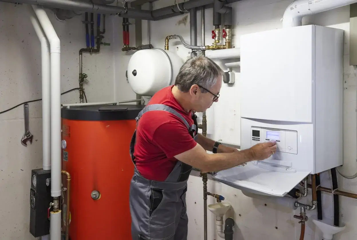 Techniker pr&uuml;ft Heizungsanlage. Er stellt die Einstellungen ein, um die Effizienz zu optimieren und die was sind emissionswerte zu senken.