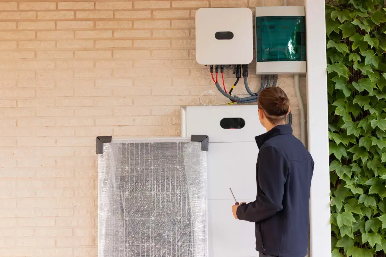 Techniker prüft PV-Speicher Aufstellort Garage. Neben dem Speicher und einer Solaranlage mit Schutzfolie ist ein Wechselrichter an der Ziegelwand montiert.