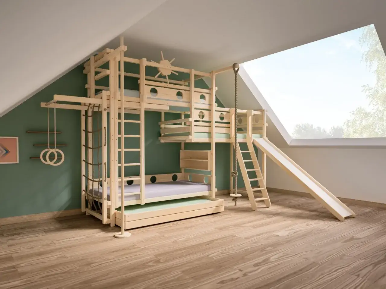 Ein Traum für jedes Kinderzimmer: Dieses Hochbett selber bauen ist ein Abenteuerparadies mit Rutsche, Kletterseil und Sprossenwand.