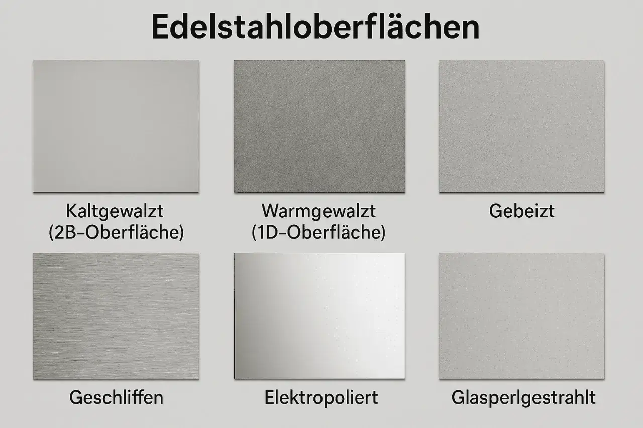 Sechs Edelstahl-Oberflächen: kaltgewalzt, warmgewalzt, gebeizt, geschliffen, elektropoliert und glasperlgestrahlt. Das elektropolierte Muster zeigt das Ergebnis von Edelstahl polieren.
