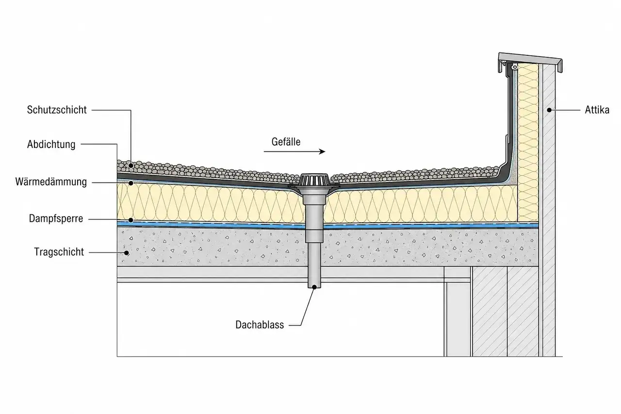 Detailansicht des Flachdach Aufbaus mit Schutzschicht, Abdichtung, W&auml;rmed&auml;mmung, Dampfsperre, Tragschicht und Dachablauf.