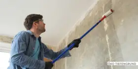 Mann mit Schutzbrille trägt mit langem Stiel und Rolle Öko Tiefengrund auf eine rohe Wand auf.