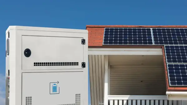 Ein weißer Solarspeicher steht neben einem Haus mit Solarmodulen auf dem Dach. Informieren Sie sich über die Solarspeicher Kosten für Ihre Energieunabhängigkeit.