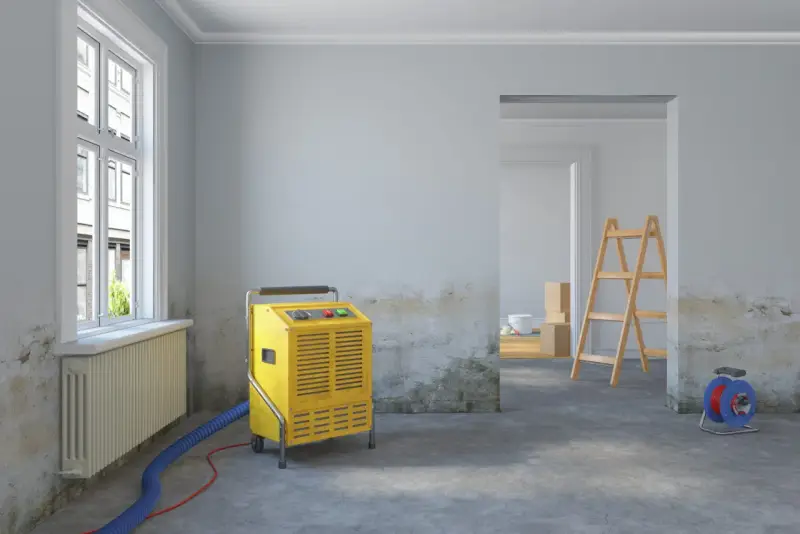 Gelber Bautrockner im Raum, Wände mit Nikotinflecken. Vorbereitung zur **Raucherwohnung renovieren**. Leiter und Kartons im Hintergrund.