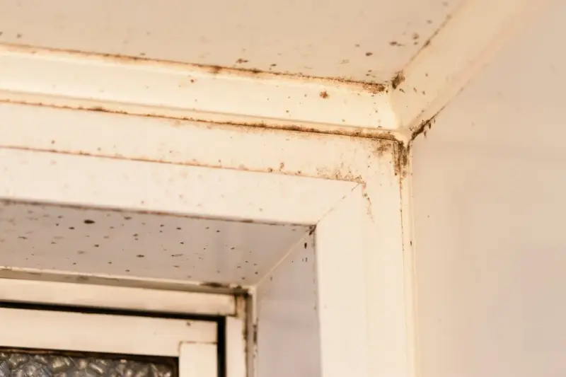Ecken eines weißen Fensterrahmens mit dunklen Flecken, die auf **roten Schimmel** hindeuten. Feuchtigkeit hat sich hier festgesetzt.