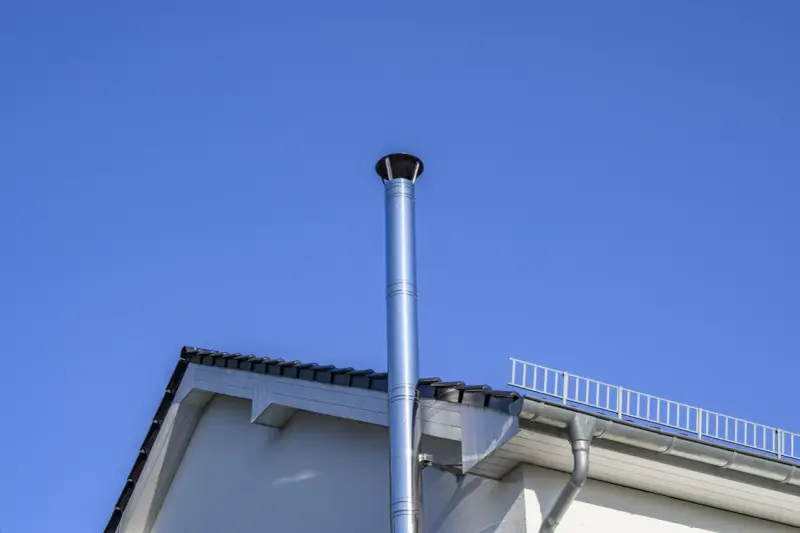 Neuer Edelstahlschornstein ragt in den blauen Himmel. Beim Schornstein bauen Vorschriften beachten für Sicherheit und Effizienz.