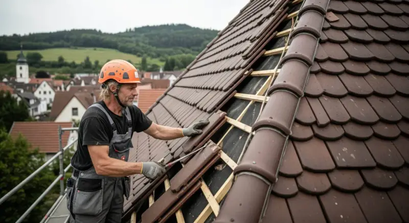 Handwerker mit Helm legt Ziegel auf ein Dach. Er ist dabei, das Dach zu beschichten und sorgt für Schutz vor Wind und Wetter.