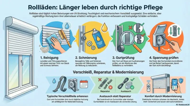 Illustrationen zeigen, wie man einen Rollladen reinigt, schmiert, den Gurt prüft und die Spannung einstellt, um den Rollladen zu reparieren und seine Lebensdauer zu verlängern.